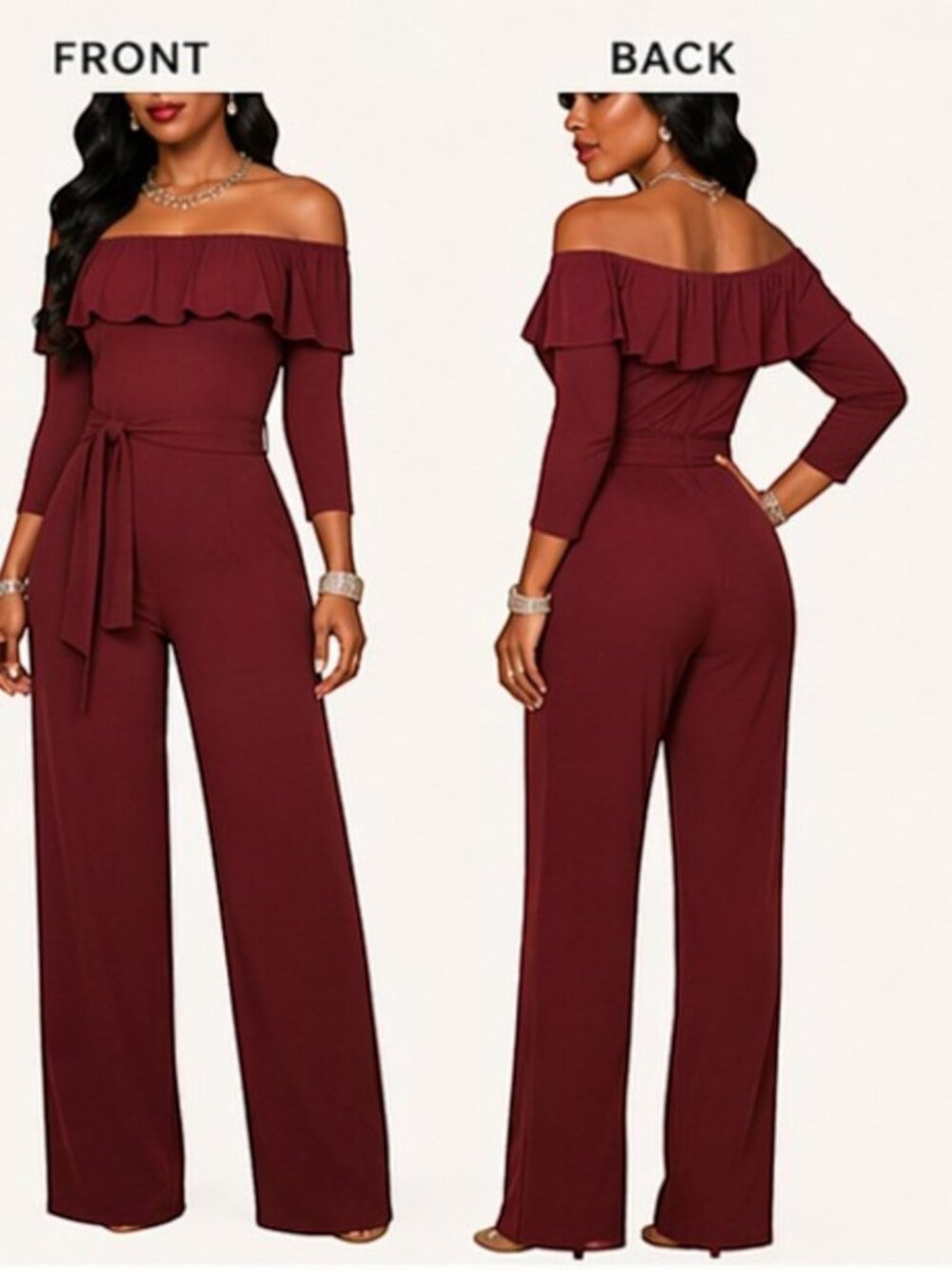 Burgundy Ruffled Overlay Off Shoulder Wide Leg Belted Jumpsuit Size L - Picture 3 of 9